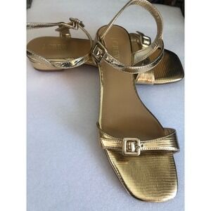 J.Crew Gold Metallic Lizard Embossed Square Toe Ankle Strap flat sandal 7.5 NEW